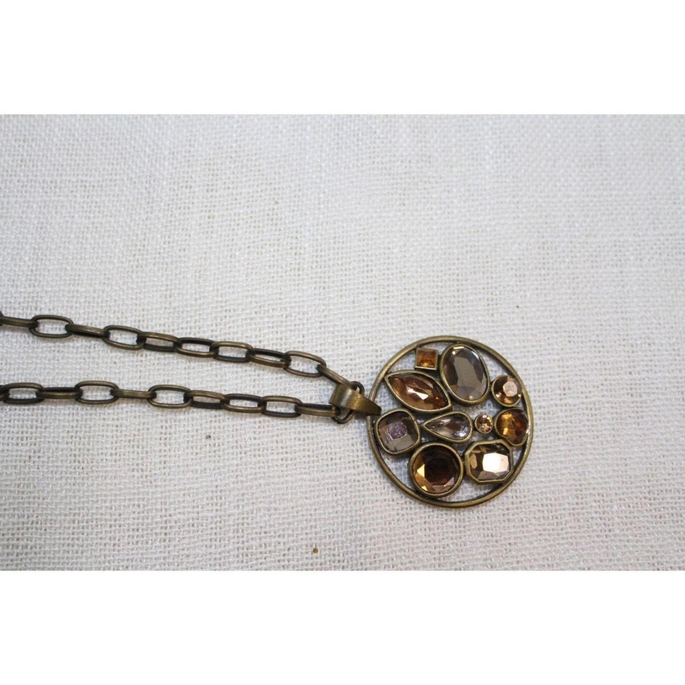 Cookie Lee Circle Pendant Necklace Amber Brown Smoky Glass Stones Bronze Chain